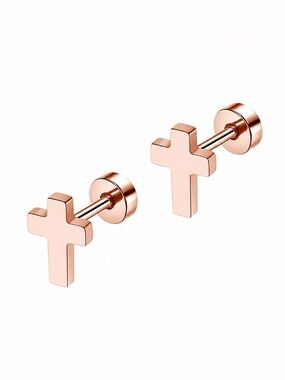 Tiny Rose Gold Cross Flat Back Stud Earrings Stainless Stee